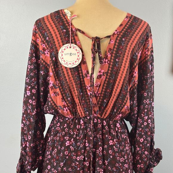 NWT Umgee Cocoa Mixed Print Midi Dress High Low Ruffle V-Neck Boho Feminine Med - Picture 5 of 10